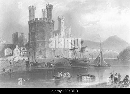 CAERNARFON: Torre Aquila, Castello: Fiume navi barche, antica stampa 1850 Foto Stock