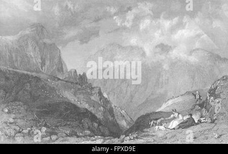 CUMBS: vista dal Langdale Pikes, verso Bowfell, antica stampa 1832 Foto Stock