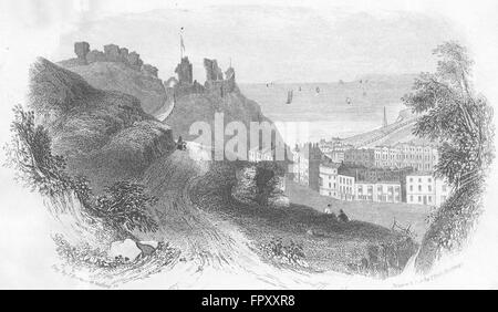 SUSSEX: entrata del castello di Hastings, antica stampa c1855 Foto Stock