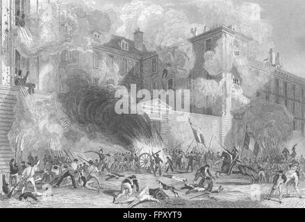 Parigi: Caserne Suisse, Rue Babylone, 1830: Battle, antica stampa 1828 Foto Stock