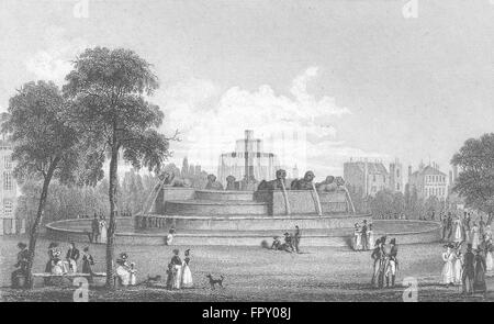 Francia: Chateau D'eau: Pugin Parigi cani statue, antica stampa 1828 Foto Stock