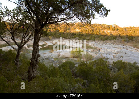 I visitatori potranno gustarsi la collina panoramica impostazione paese di Pedernales Falls State Park dove il fiume scorre su calcari passi. Foto Stock