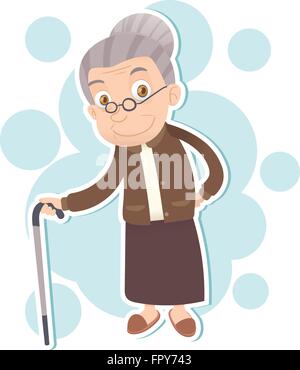 Cartoon vecchia donna stand con la canna da zucchero e sorridente Illustrazione Vettoriale