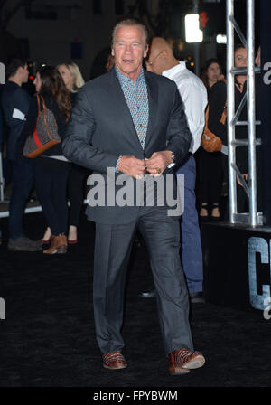 LOS ANGELES, CA - Novembre 19, 2015: Arnold Schwarzenegger presso il Los Angeles premiere mondiale del "credo" al Regency Village Theatre, Westwood. Foto Stock