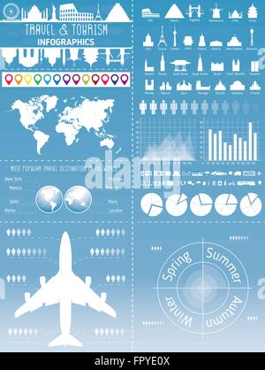 Infografico viaggio insieme con i punti di riferimento, icone, Mappa mondo grafico e aereo. Illustrazione Vettoriale. Illustrazione Vettoriale