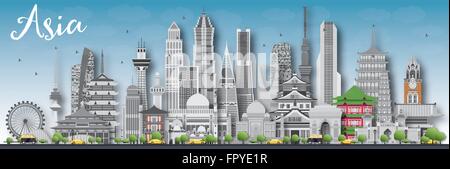 Asia skyline silhouette con diversi punti di riferimento. Illustrazione Vettoriale. Viaggi di affari e turismo concetto con posto per il testo. Illustrazione Vettoriale