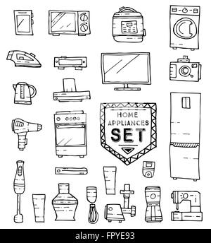 Home appliances doodle set. Illustrazione Vettoriale. Apparecchi per uso domestico e strutture isolate su sfondo bianco. Illustrazione Vettoriale