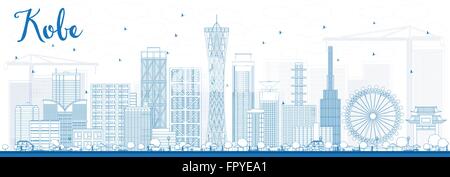 Profilo dello Skyline di Kobe con edifici blu. Illustrazione Vettoriale. Gli affari e il turismo e concetto con edifici moderni. Illustrazione Vettoriale