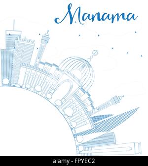 Delineare Manama Skyline con edifici blu e copia di spazio. Illustrazione Vettoriale. Viaggi di affari e turismo Concept Illustrazione Vettoriale