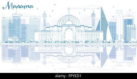 Delineare Manama Skyline con edifici blu e riflessi. Illustrazione Vettoriale. Viaggi di affari e turismo Concept Illustrazione Vettoriale