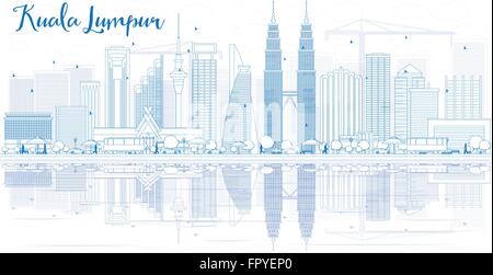 Profilo di Kuala Lumpur Skyline con edifici blu e riflessi. Illustrazione Vettoriale. Viaggi di affari e turismo concept Illustrazione Vettoriale