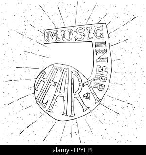 La musica nel tuo cuore. Disegnato a mano design lettering con musica nota. Concetto di tipografia per t-shirt design o sito web. Illustrazione Vettoriale