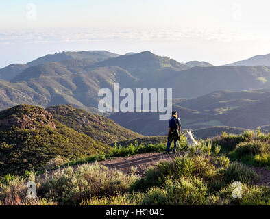 Escursionista e cane sul picco di arenaria Trail a cerchio X Ranch al tramonto Foto Stock