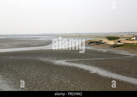 I letti di fango sul fiume Matla durante la bassa marea l'acqua nella città di Canning, India Foto Stock