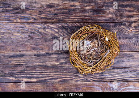 Svuotare coloratissimi uccelli nidificano su sfondo di legno Foto Stock