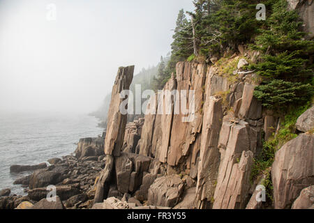 Roccia di bilanciamento, una stretta colonna verticale di basalto, equilibrato sulla sua punta; a Tiverton, Nova Scotia Canada Foto Stock