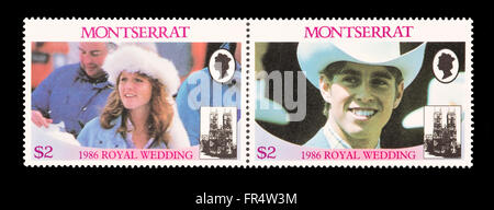 Coppia di francobolli da Montserrat raffigurante Sarah Ferguson e il principe Andréj, Royal Wedding nel 1986. Foto Stock