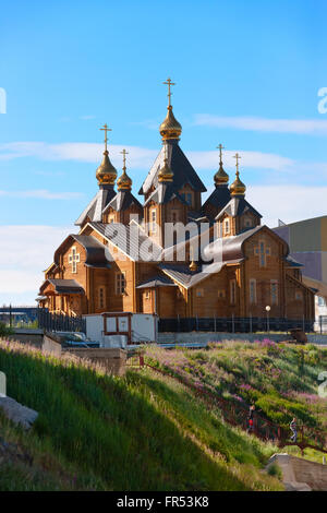 Chiesa Ortodossa, la più grande struttura di legno in estremo oriente russo, Anadyr, Chukotka Okrug autonomo, Russia Foto Stock