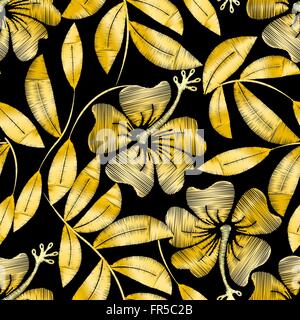 Tropical ricami oro hibiscus impianto in un modello senza interruzioni . Illustrazione Vettoriale