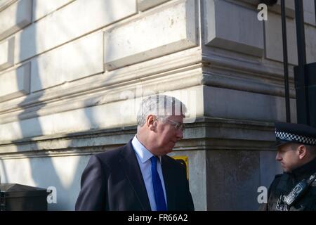 Londra, Regno Unito. Xxii marzo, 2016. Michael Fallon MP, il Segretario di Stato britannico per la difesa, parla a un funzionario di polizia come egli entra i cancelli a Downing Street. Credito: Marc Ward/Alamy Live News Foto Stock