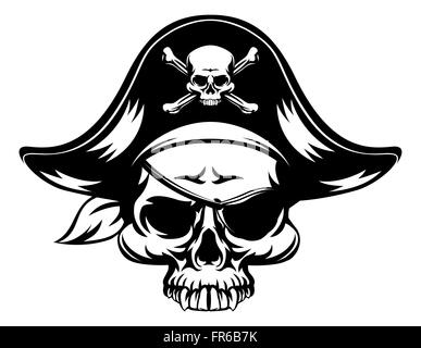 Un pirata Skull indossando un tri capitani di mais hat e un occhio patch Foto Stock