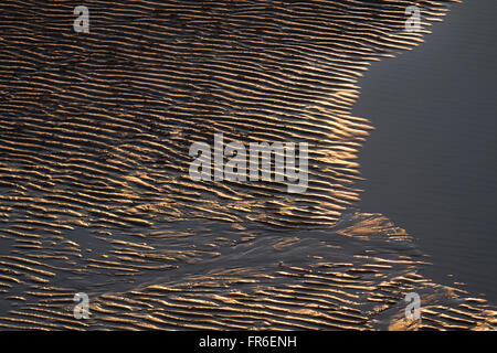 Blackpool, Lancashire, Regno Unito. Ripples in sabbia, trovato su entrambe le spiagge e le dune sono uno di natura più onnipresente e spettacolari esempi di auto-organizzazione. Hopping e saltando di questi vento chicchi soffiati è chiamato saltazione. Foto Stock