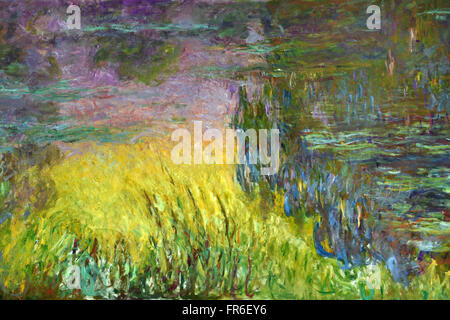 Dettaglio dell'acqua la serie di Lily Nymphaea dipinta da Claude Monet 1840 – 1926 Francia Francese al Musée de l'Orangerie ( Jardin Tuileries Paris ) dipinti francesi impressionisti e post-impressionisti Francia Foto Stock