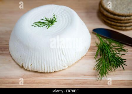 Home formaggio Fase finale: finito morbido bianco formaggio fresco, realizzato in un stampo conico. Foto Stock