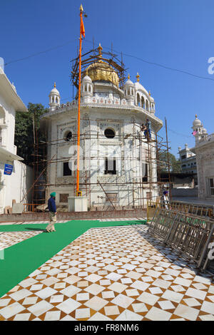 Gli uomini di religione sikh lavori su impalcature che effettuano lavori di restauro degli edifici presso il Tempio Dorato sito ad Amritsar nel Punjab. Foto Stock