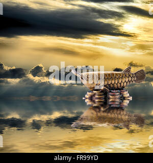 Il Feng Shui sfondo. Silver arowana è riflessa in acqua a sunrise Foto Stock