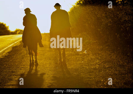 Tramonto e cowboy a cavallo sulla strada attraverso la savana Foto Stock
