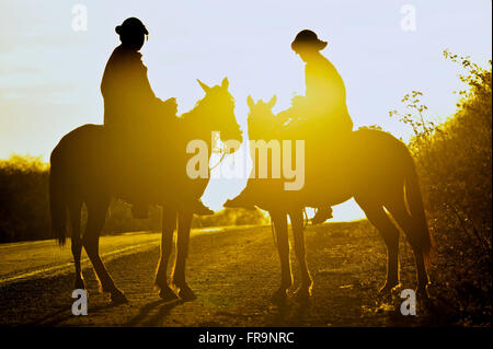 Tramonto e cowboy sulla strada attraverso la savana Foto Stock