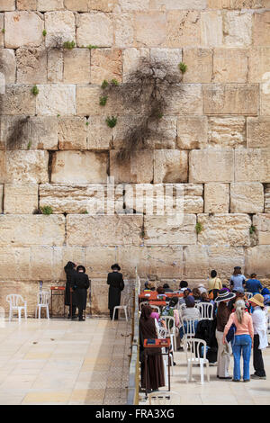 I turisti e gli ebrei ortodossi presso il Muro del Pianto; Gerusalemme, Israele Foto Stock