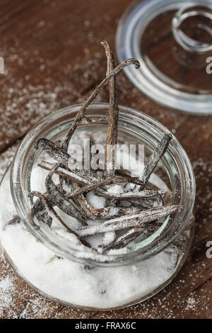 Direttamente sopra il colpo di zucchero bianco in un vasetto di vetro con bastoncini di vaniglia Foto Stock