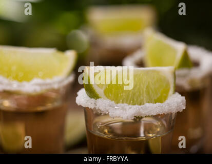 Oro tequila scatti con frutti di lime Foto Stock