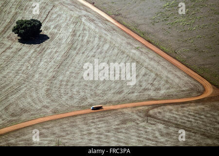 Vista aerea del camion che trasportano i semi di soia per la raccolta meccanica Foto Stock