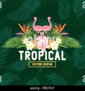 L'estate tropicale vettore. Tropic elementi compreso flamingo, palme, uccello del paradiso di fiori e di ananassi Illustrazione Vettoriale