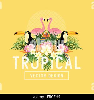 L'estate tropicale vettore. Tropic elementi compreso flamingo, palme, uccello del paradiso di fiori e di ananassi Illustrazione Vettoriale