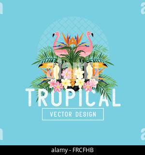 L'estate tropicale vettore. Elementi di tropico compresi fenicotteri, palme, tucani, uccello del paradiso di fiori e di ananassi Illustrazione Vettoriale