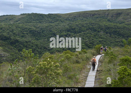 Ecotourists sulla via sulla passerella di legno in stato di Guartelá Park Foto Stock