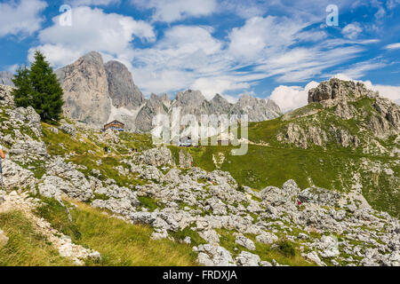 Panorama del gruppo del Catinaccio nelle Dolomiti Foto Stock