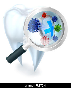 Un dentista di illustrazione di un dente protetti dai batteri mediante uno schermo ingrandita attraverso una lente di ingrandimento Foto Stock