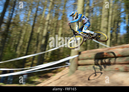 Elliot concorrenti di heap in SDA Downhill mountain bike race come un pilota junior nel 2016 - Ae Forest, Dumfries Scozia Scotland Foto Stock