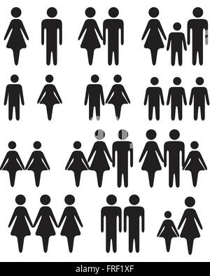 Stick figure sagome in bianco e nero insieme Famiglie Coppie bambini Illustrazione Vettoriale