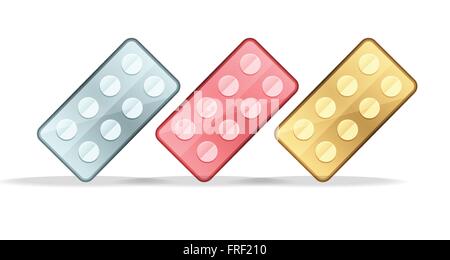 Pillole in blister. Impostare, isolato su bianco. Illustrazione Vettoriale