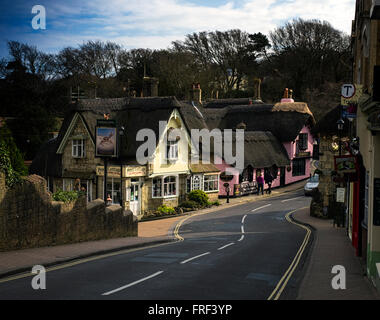 I negozi con tetto in paglia e pub di Shanklin vecchio villaggio sull'Isola di Wight Foto Stock