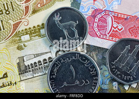 Close up Dirhams moneta, Emirati Arabi Uniti Foto Stock