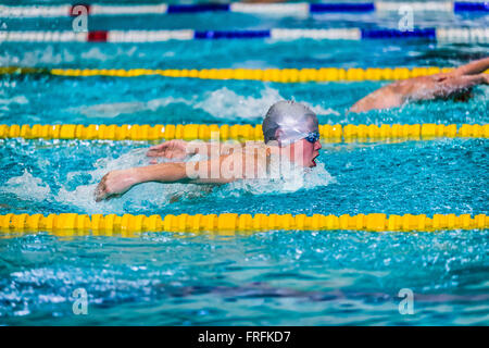 Giovane atleta maschio nuotatore a distanza butterfly durante internazionale torneo di nuoto Foto Stock