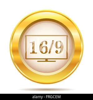 Round Icona lucido con design marrone su fondo oro Foto Stock