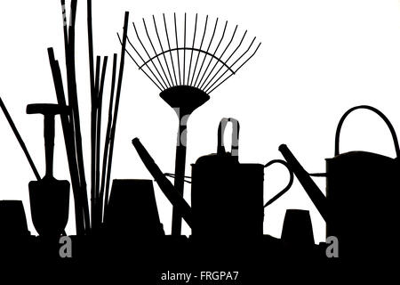 Utensili da giardinaggio in silhouette contro un potting shed finestra Foto Stock